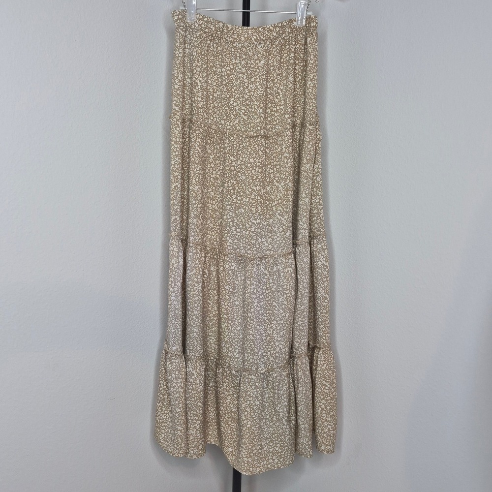 Japna XS Tan Floral Ditsy Tiered Maxi Skirt Rayon‎ Boho Bohemian Cottagecore